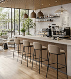 現代簡約淺啡色布藝弧形低背高腳椅 Modern Minimalist Light Brown Fabric Curved Low Back Bar Stool