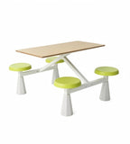 Minimalist School Dining Table Set with Light Wood Grain and Green PU Leather Steel Frame for Four People