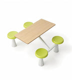 簡約學校飯堂淺木色配綠色PU皮鋼架四人位連體餐枱 School Dining Table Set