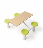 Minimalist School Dining Table Set with Light Wood Grain and Green PU Leather Steel Frame for Four People