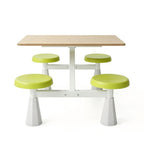 Minimalist School Dining Table Set with Light Wood Grain and Green PU Leather Steel Frame for Four People