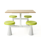 簡約學校飯堂淺木色配綠色PU皮鋼架四人位連體餐枱 School Dining Table Set