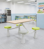 Minimalist School Dining Table Set with Light Wood Grain and Green PU Leather Steel Frame for Four People