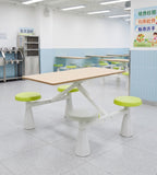 簡約學校飯堂淺木色配綠色PU皮鋼架四人位連體餐枱 School Dining Table Set