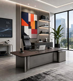 商務胡桃木配鐵灰L形帶線盒老闆枱 Business Walnut and Iron Grey L-Shaped Boss Desk