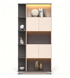 現代輕奢胡桃木色拼卡其灰高身掩門儲物櫃 Modern Luxury Walnut and Khaki Grey Tall Storage Cabinet