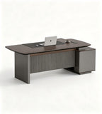 現代智能胡桃木配鐵灰L形帶USB燈帶側櫃老闆枱 Modern Smart Walnut and Iron Grey L-Shaped Boss Desk with Side Cabinet