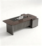 現代智能胡桃木配鐵灰L形帶USB燈帶側櫃老闆枱 Modern Smart Walnut and Iron Grey L-Shaped Boss Desk with Side Cabinet