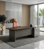 現代智能胡桃木配鐵灰L形帶USB燈帶側櫃老闆枱 Modern Smart Walnut and Iron Grey L-Shaped Boss Desk with Side Cabinet