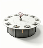 斜紋藝術拼接電動圓餐檯 Diagonal-Patterned Designer Electric Dining Table
