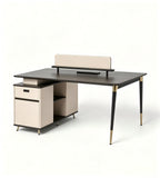 現代深灰拼米色L形帶側櫃辦公枱 Dark Grey and Beige Office Desk with Side Cabinet