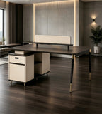 現代深灰拼米色L形帶側櫃辦公枱 Dark Grey and Beige Office Desk with Side Cabinet