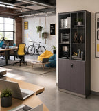 Modern Business Walnut and Khaki Grey Tall Filing Cabinet with Lock