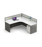 簡約白面深灰L形帶屏風密碼鎖活動櫃辦公枱 Modern L-Shaped Office Desk with Partition