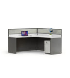 簡約白面深灰L形帶屏風密碼鎖活動櫃辦公枱 Modern L-Shaped Office Desk with Partition