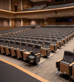 Modern Auditorium Chair with Writing Tablet, Gray PU Leather and Solid Wood
