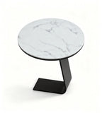 白色岩板黑色金屬腳圓形梳化茶几 White Sintered Stone Black Metal Round Side Table