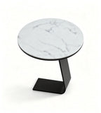 White Sintered Stone Black Metal Round Side Table